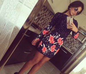 Autumn Dresses Colorful Print Flowers Black Women Office Dresses Party Mini Dress Vestidos Robes Sheath Ladies Vestidos