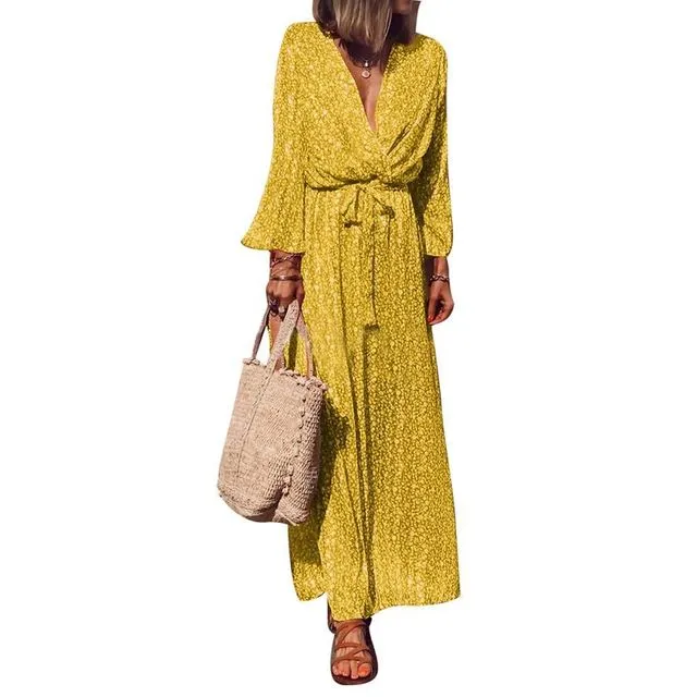 Bandage Boho Deep V Neck Long Dress