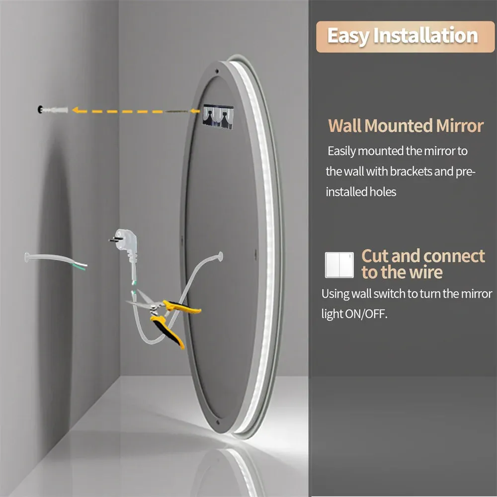 Bathroom Wall Mirror with Light Circle Backlit LED Bath Vanity Mirror Defog, 24 Inch