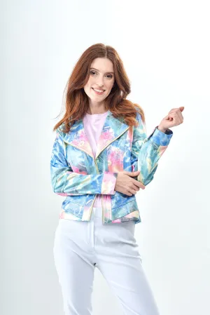 BCJ17A26MPRE Printed Metallic Vegan Leather Moto Jacket in Liquid Floral Splash
