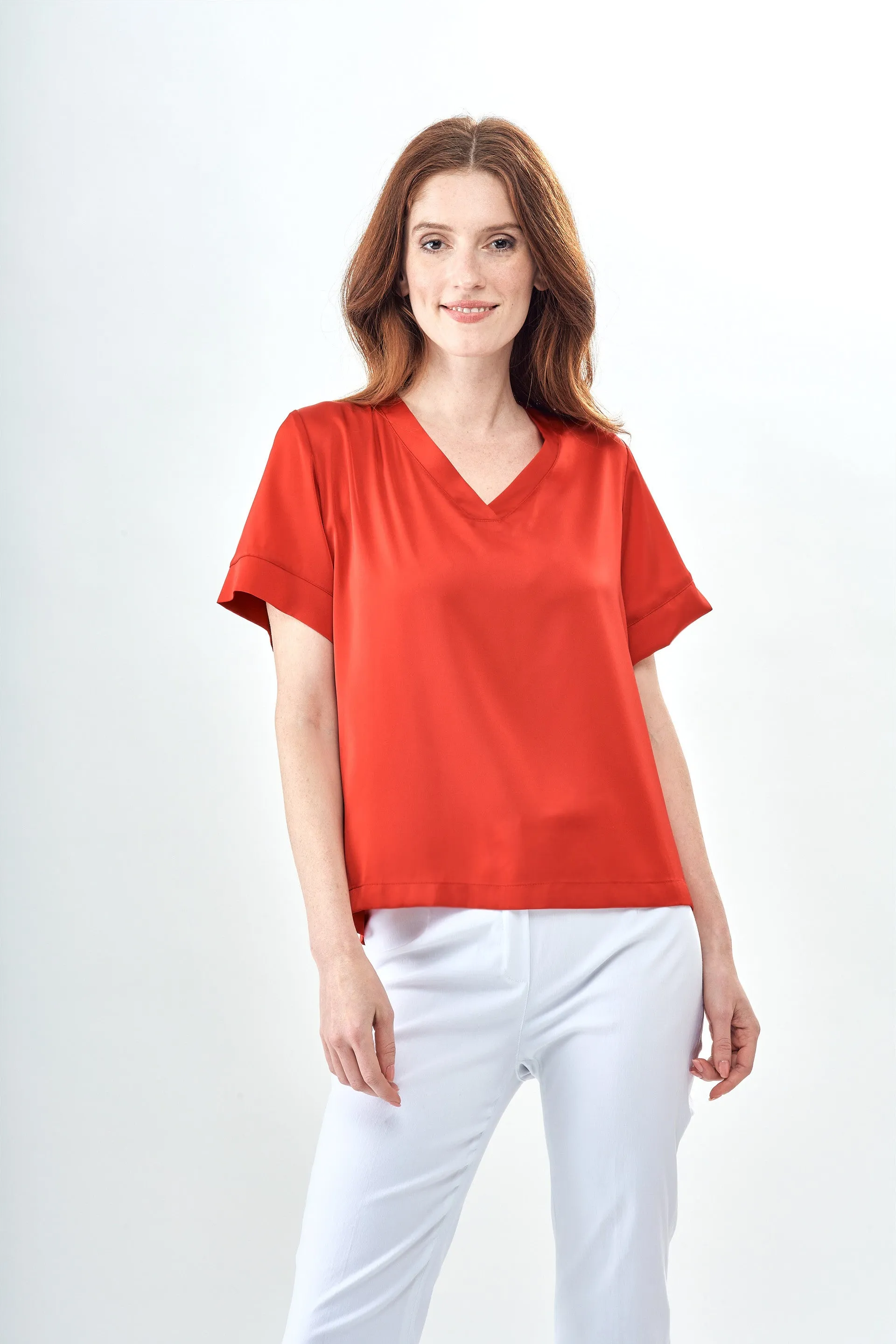 BCT8933V Satin Short Sleeve V-Neck Top