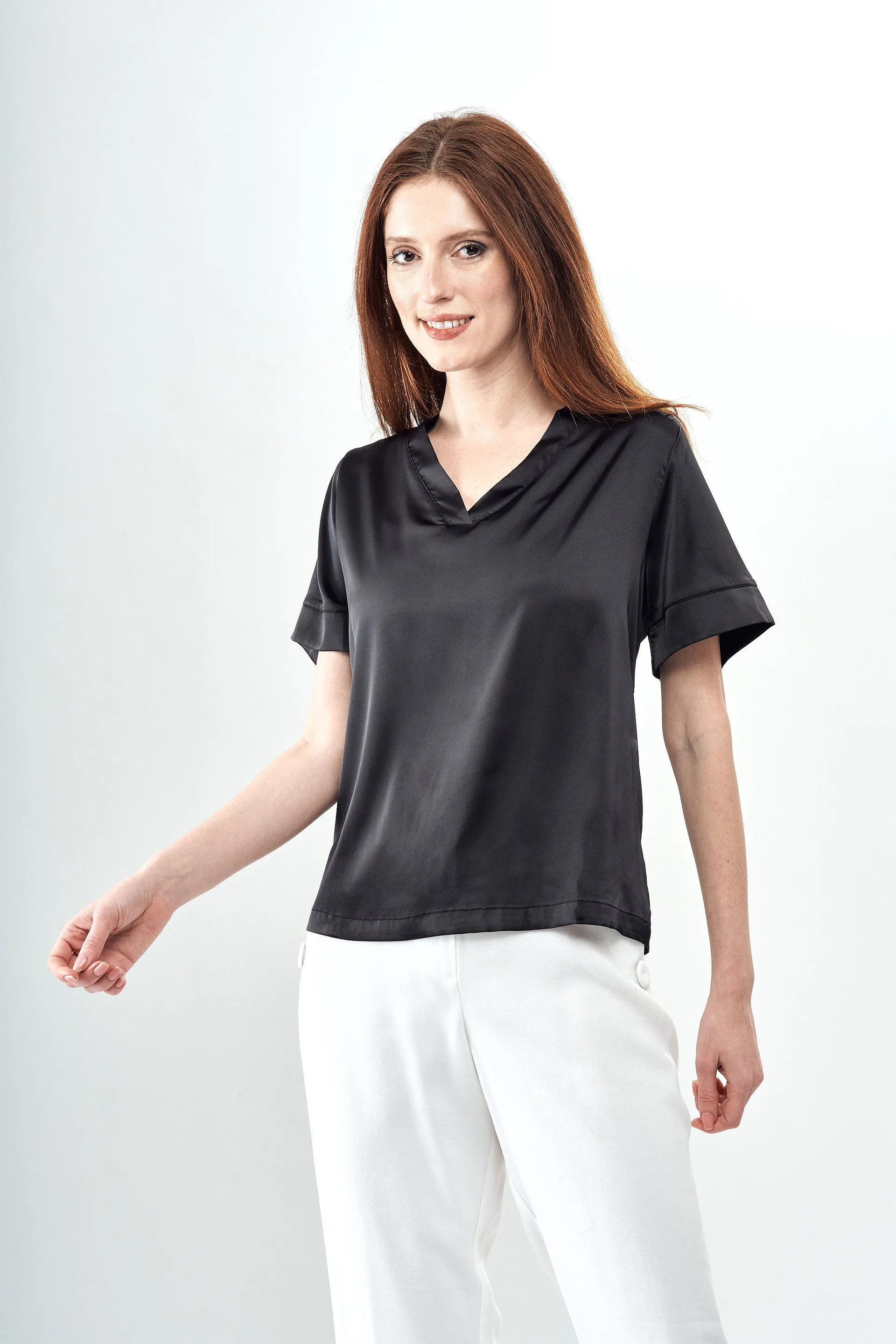 BCT8933V Satin Short Sleeve V-Neck Top