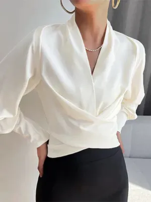 Beatrice | Satin Blouse with V-Neck and Puffed Sleeves for Women