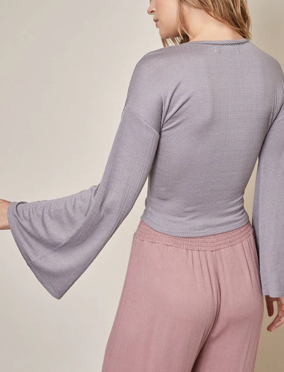 Bell Sleeve V Neck Knot Crop Top