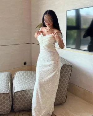 Bella Luxury White Glitter Off the Shoulder Sheath Prom Dresses Elegant Sleeveless Shiny Sequins Formal Evening
