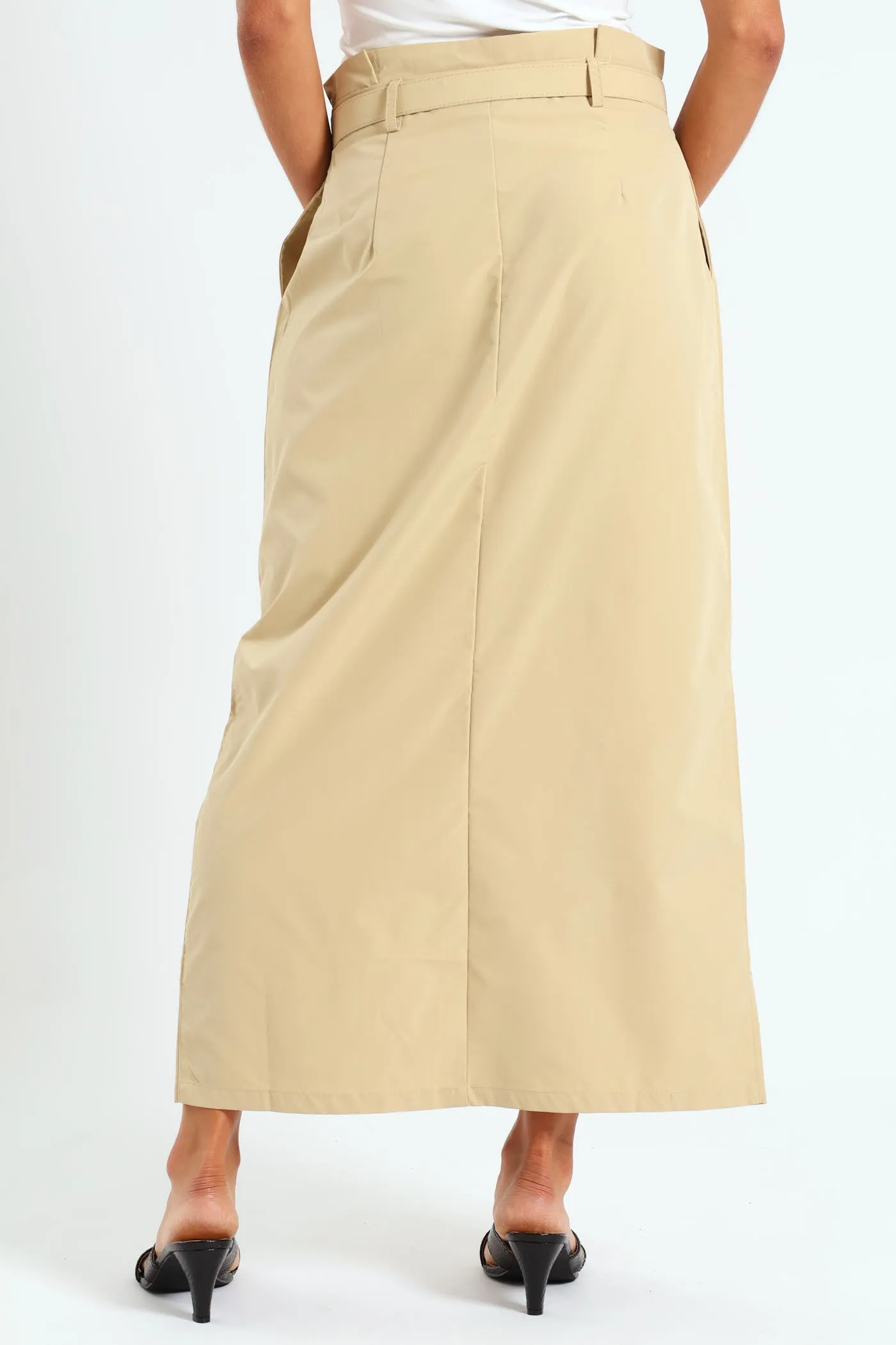 Belted Pleated Paperbag Maxi Pencil Skirt With Slit - Khaki