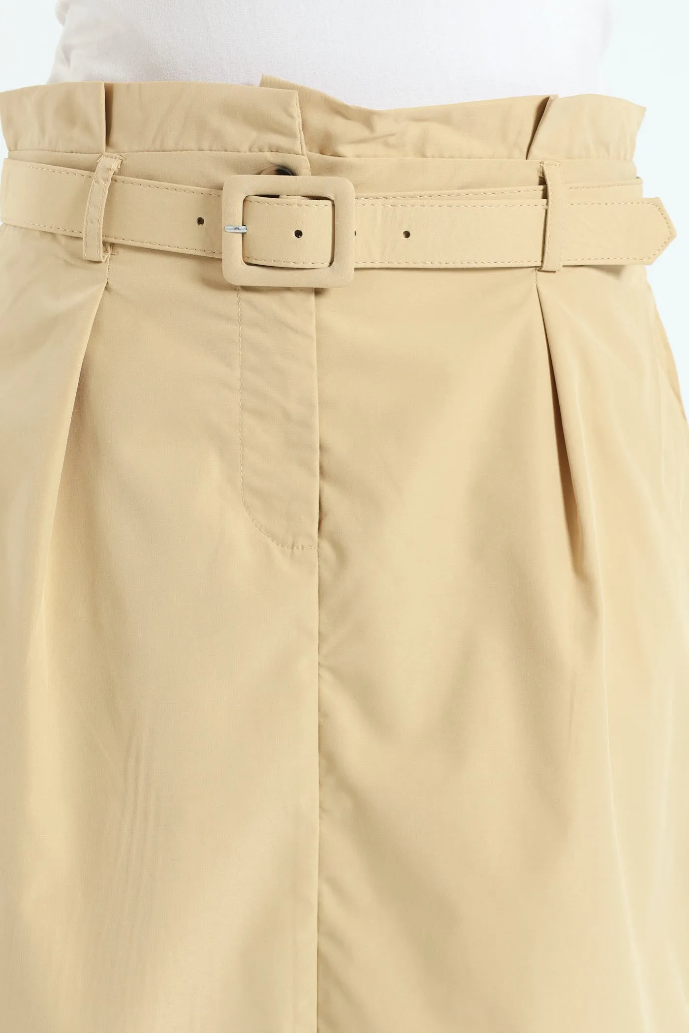 Belted Pleated Paperbag Maxi Pencil Skirt With Slit - Khaki