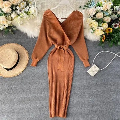 BerryBetty - Sparkling Sexy Party Dress Woman Sweater Elegant Slim V-Neck Basic Knitted Green Vintage Dresses Female Autumn Winter Bat Sleeve