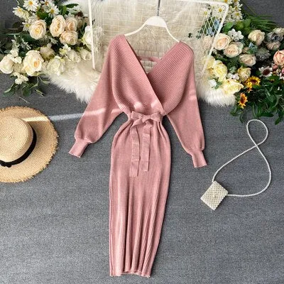 BerryBetty - Sparkling Sexy Party Dress Woman Sweater Elegant Slim V-Neck Basic Knitted Green Vintage Dresses Female Autumn Winter Bat Sleeve