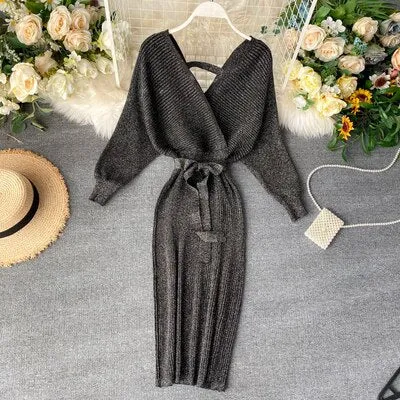 BerryBetty - Sparkling Sexy Party Dress Woman Sweater Elegant Slim V-Neck Basic Knitted Green Vintage Dresses Female Autumn Winter Bat Sleeve