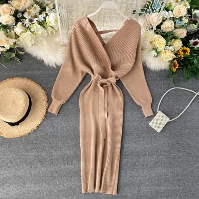 BerryBetty - Sparkling Sexy Party Dress Woman Sweater Elegant Slim V-Neck Basic Knitted Green Vintage Dresses Female Autumn Winter Bat Sleeve