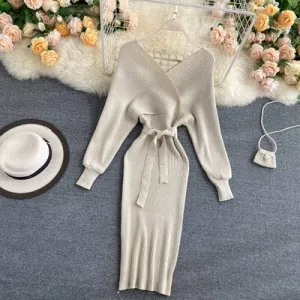 BerryBetty - Sparkling Sexy Party Dress Woman Sweater Elegant Slim V-Neck Basic Knitted Green Vintage Dresses Female Autumn Winter Bat Sleeve