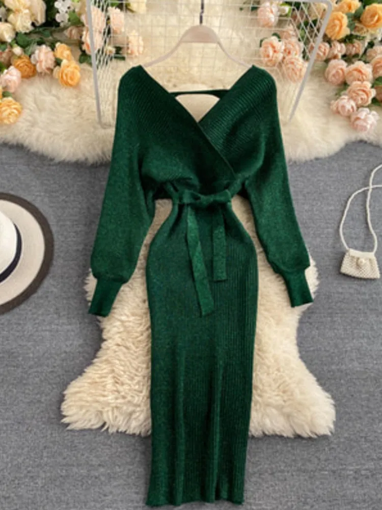 BerryBetty - Sparkling Sexy Party Dress Woman Sweater Elegant Slim V-Neck Basic Knitted Green Vintage Dresses Female Autumn Winter Bat Sleeve