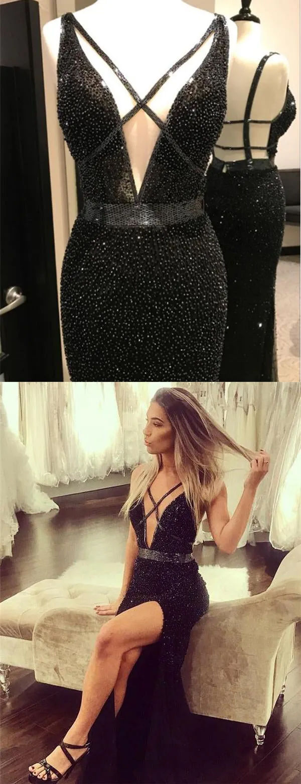 Black Bead Sexy Mermaid Criss-cross Evening Prom Dresses,PD00145
