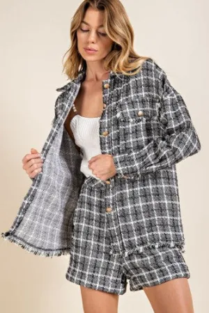 Black   White Tweed Button Front Jacket