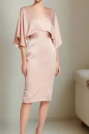 Blush Elastic Satin V Neck Knee Length Sheath Wedding Guest Dress