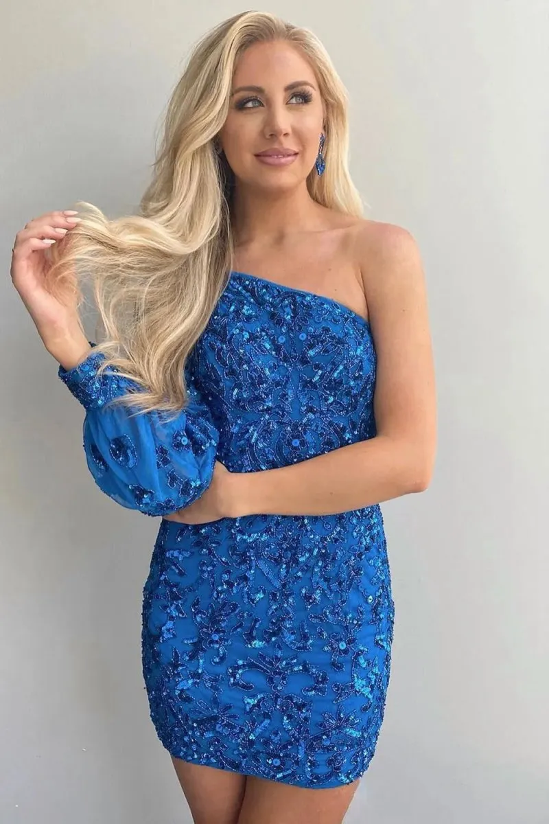 Bodycon One Shoulder Long Sleeve Sequins Short Homecoming Dresses