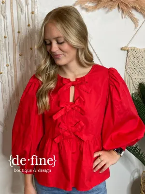 Bow Button Top in Red or Black S-XL