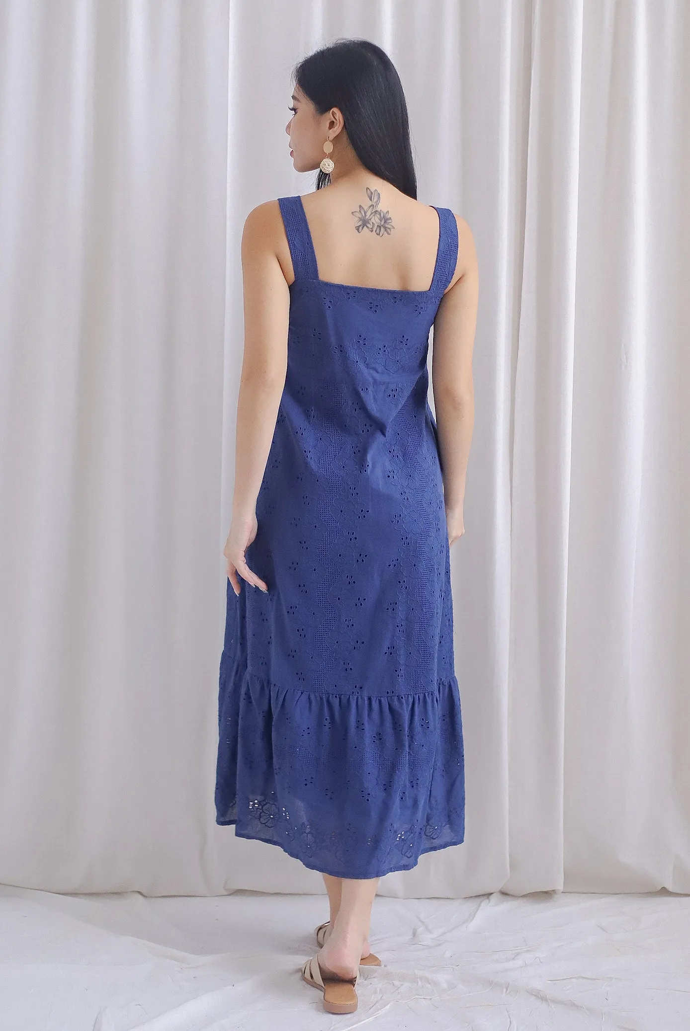Bree Thick Strap Eyelet Maxi Dress In Navy Blue