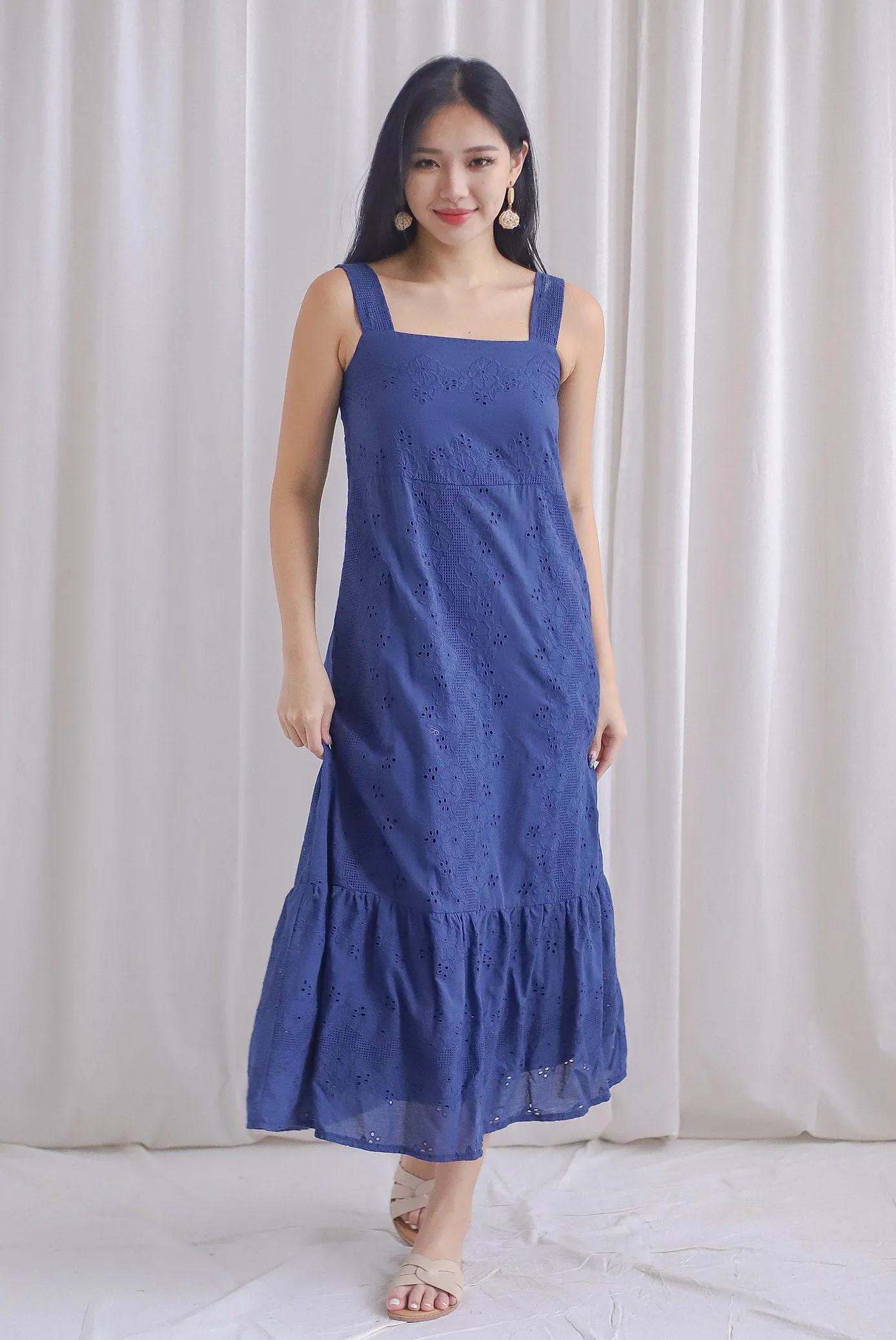 Bree Thick Strap Eyelet Maxi Dress In Navy Blue