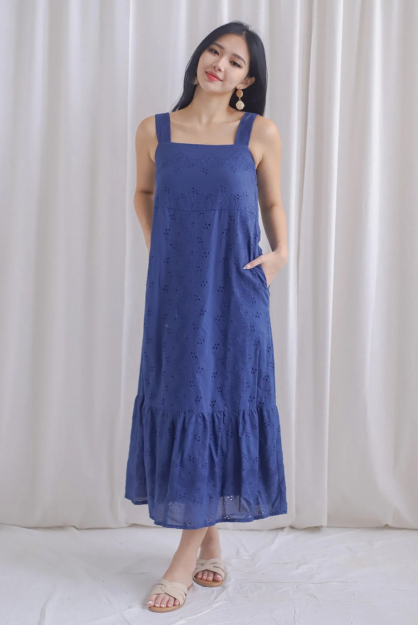 Bree Thick Strap Eyelet Maxi Dress In Navy Blue