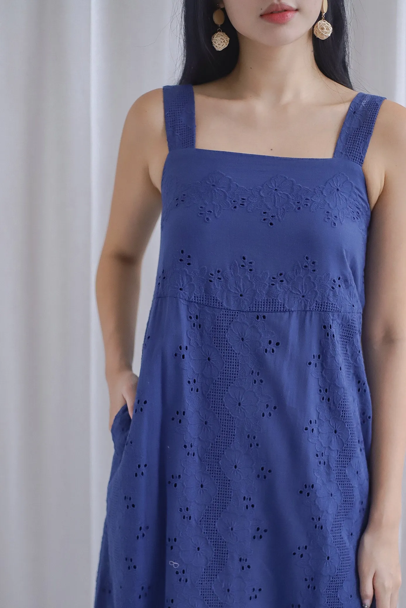 Bree Thick Strap Eyelet Maxi Dress In Navy Blue