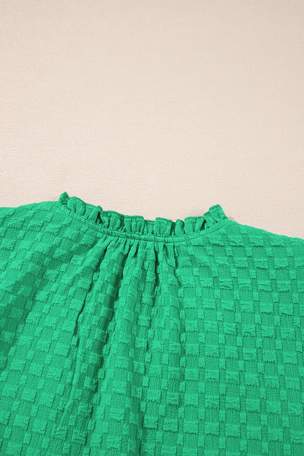 Bright Green Textured Puff Short Sleeve Notched V Neck Top