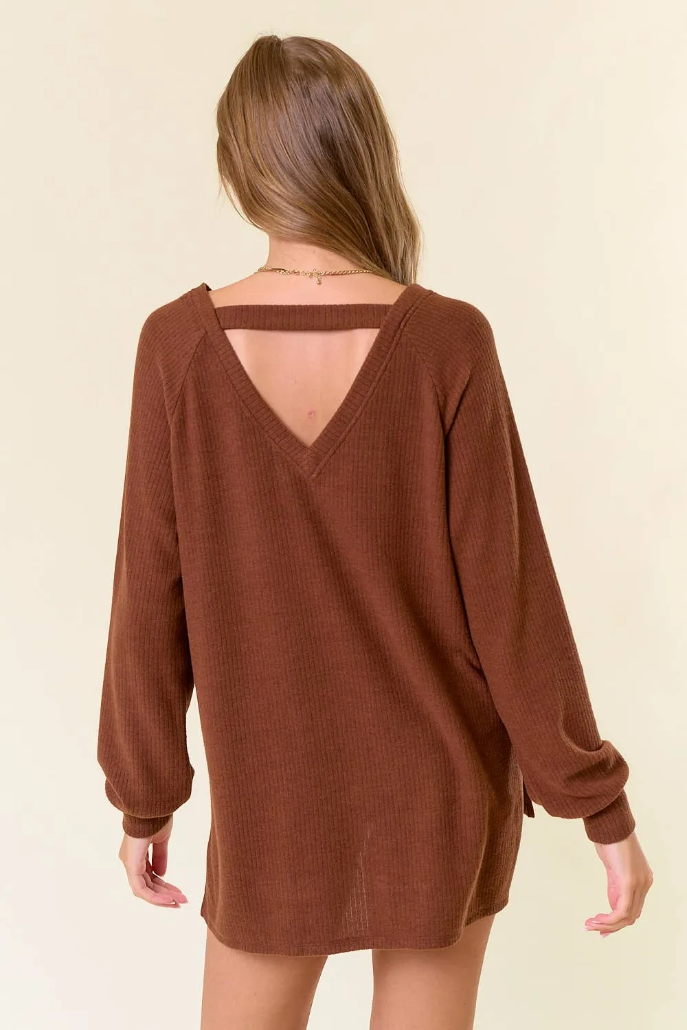 Brushed Rib Double V-Neck Raglan Long Sleeve Top