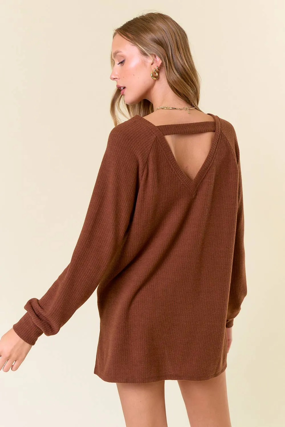 Brushed Rib Double V-Neck Raglan Long Sleeve Top