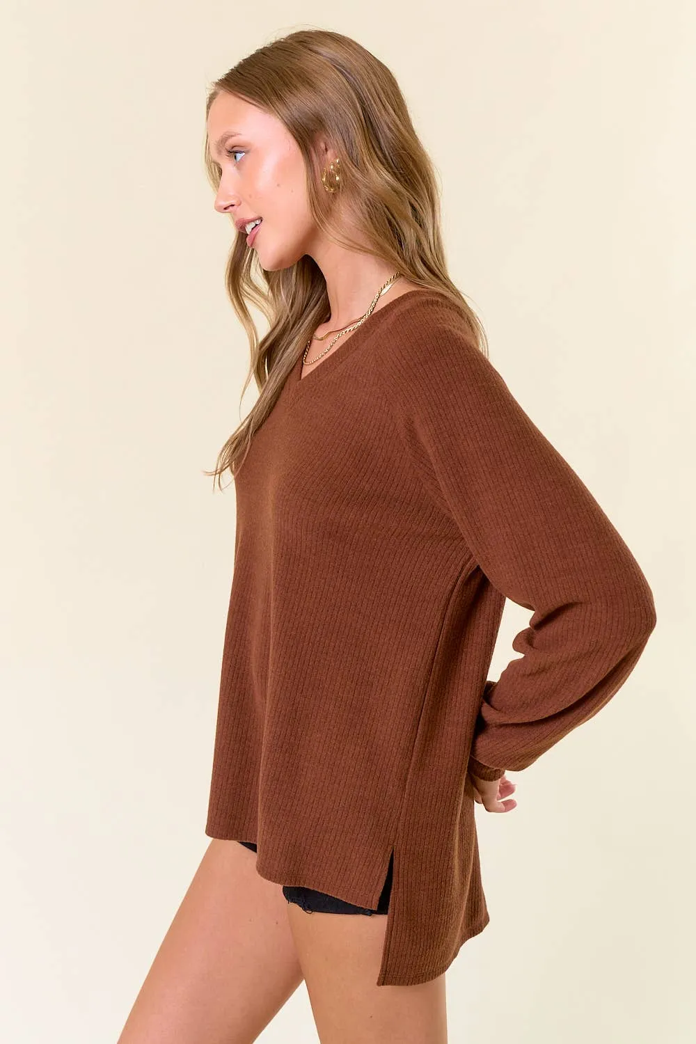 Brushed Rib Double V-Neck Raglan Long Sleeve Top