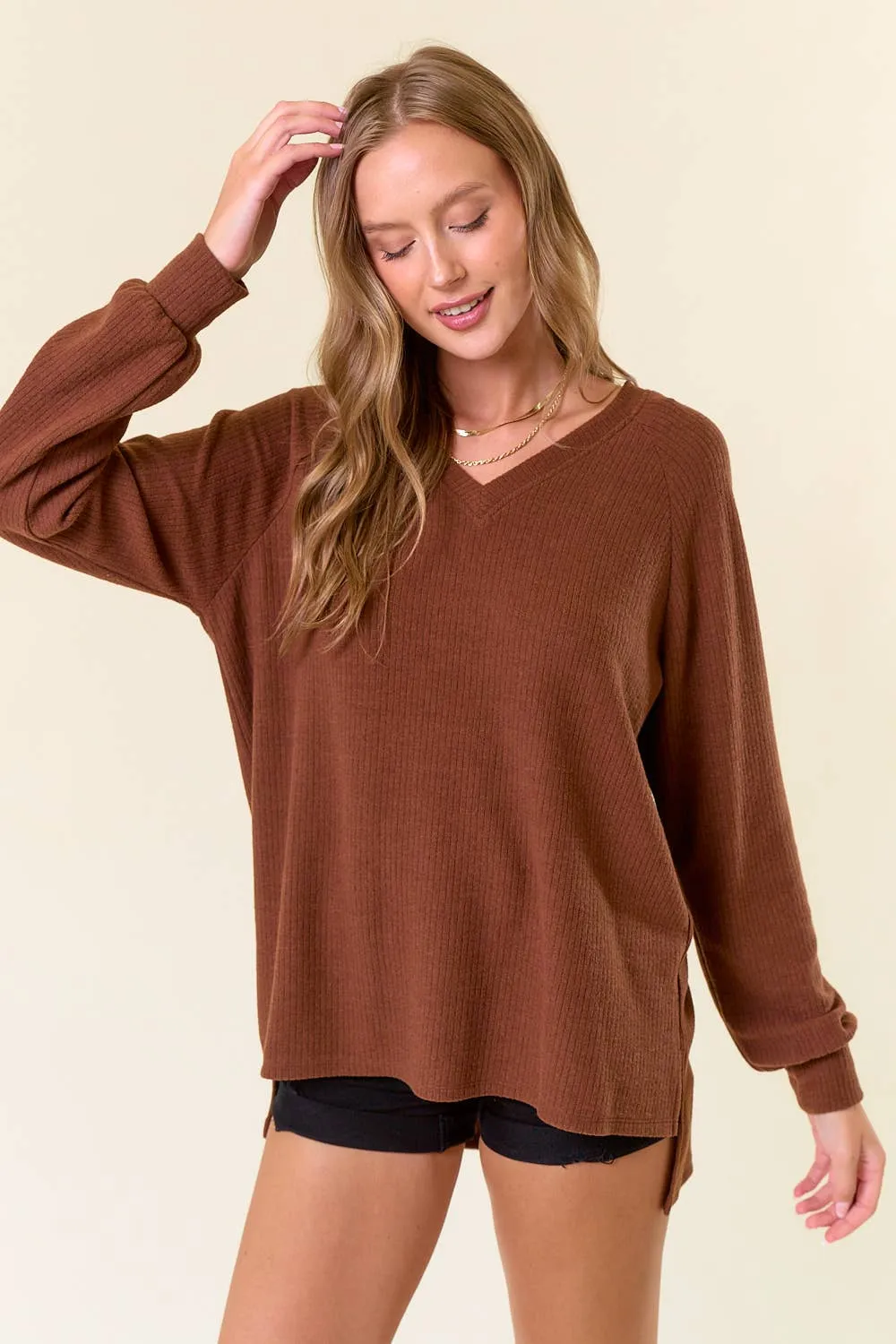 Brushed Rib Double V-Neck Raglan Long Sleeve Top