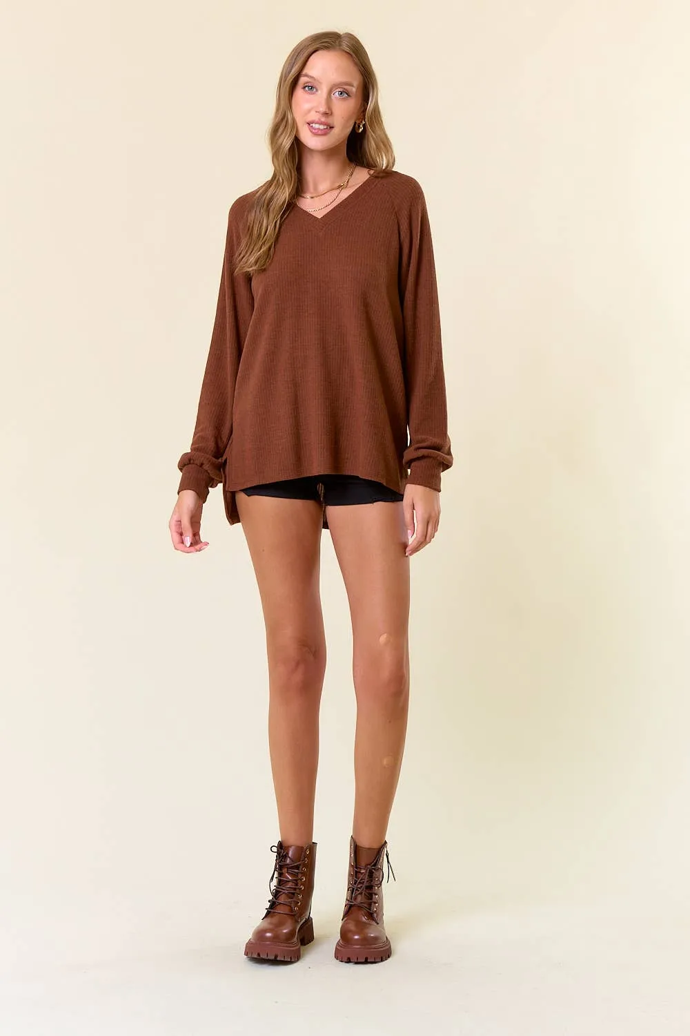 Brushed Rib Double V-Neck Raglan Long Sleeve Top