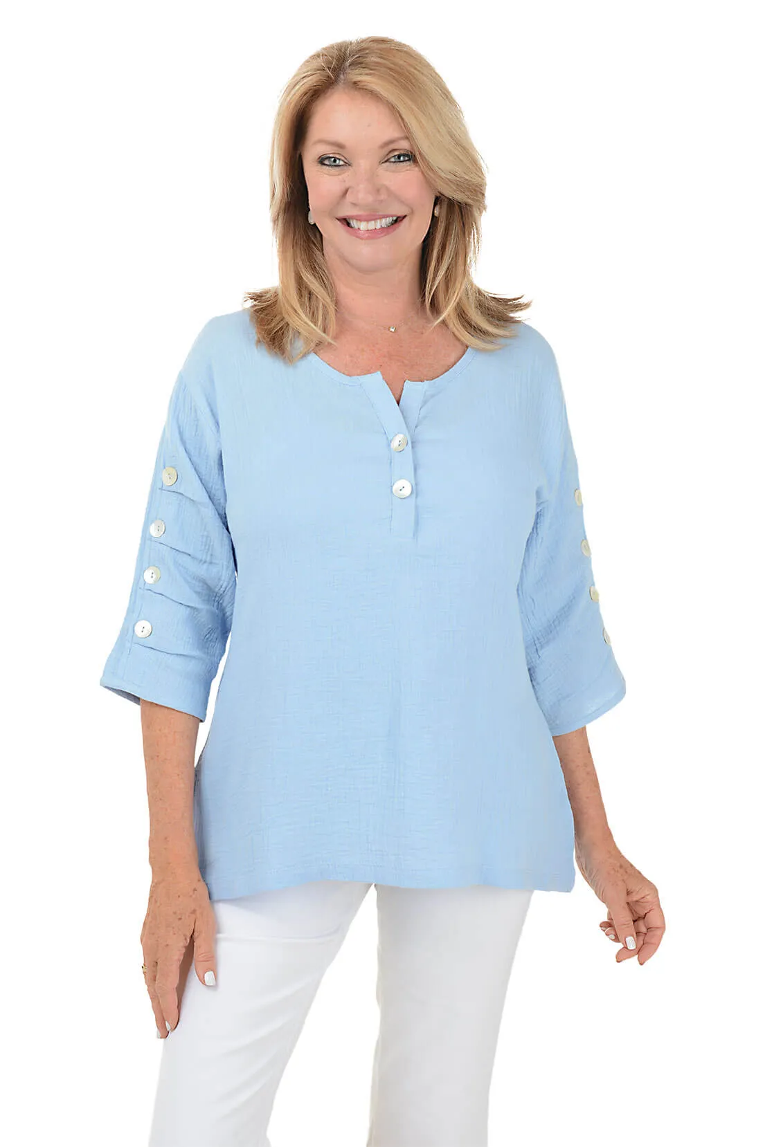 Bubble Gauze Button Sleeve Top