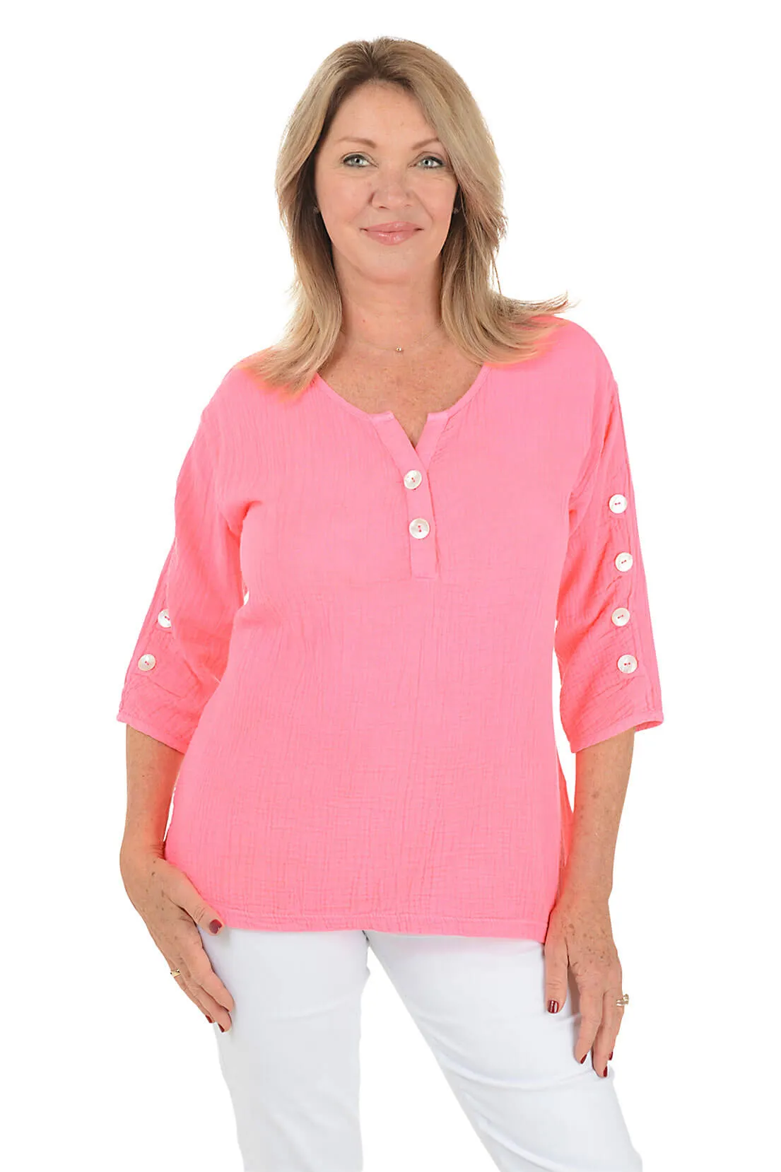 Bubble Gauze Button Sleeve Top