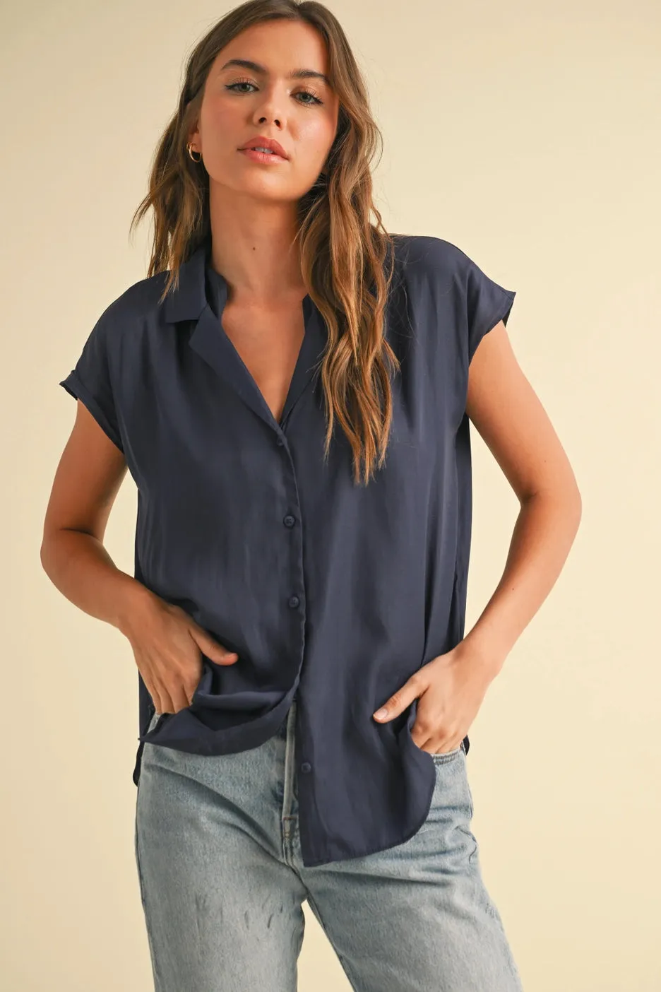 Button Down Cap Sleeve Shirt-Navy