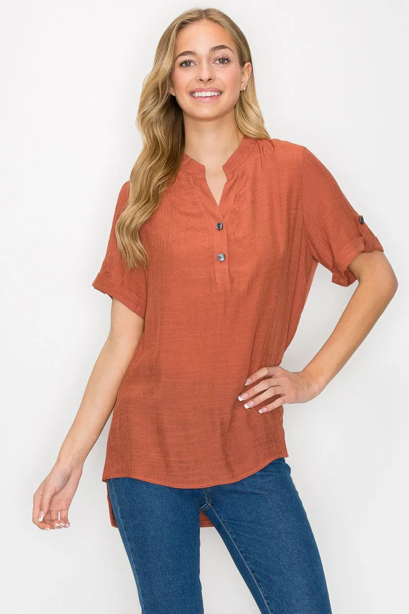 Button Placket  Side Slit Short Sleeve Tunic