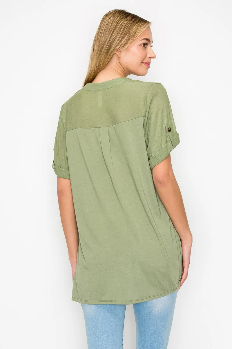 Button Placket  Side Slit Short Sleeve Tunic
