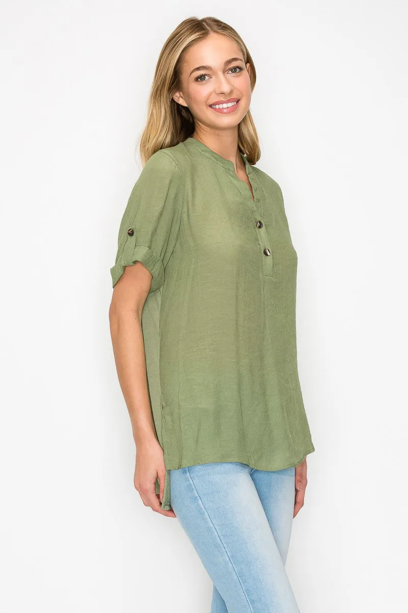 Button Placket  Side Slit Short Sleeve Tunic