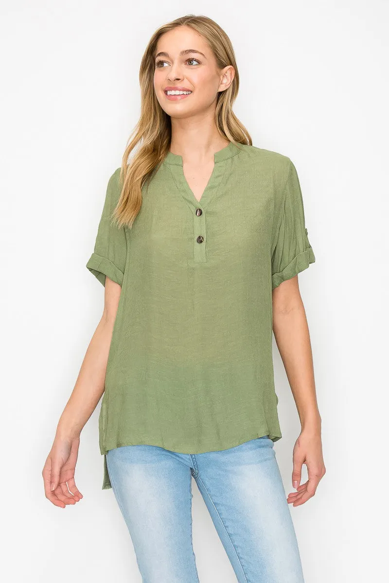 Button Placket  Side Slit Short Sleeve Tunic