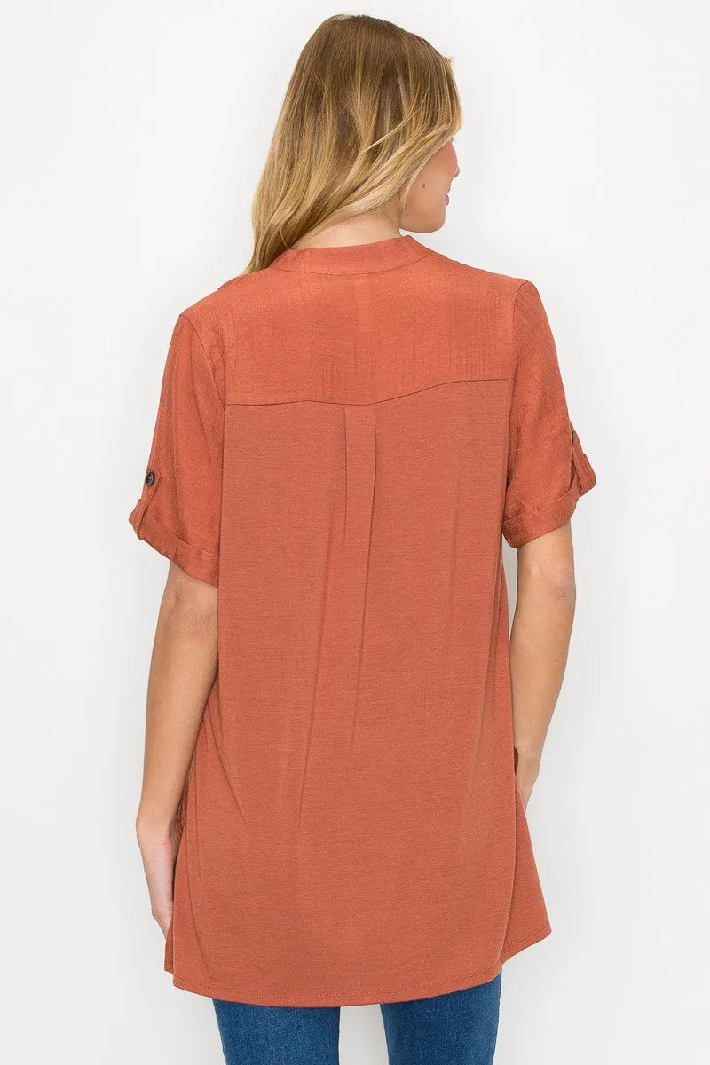 Button Placket  Side Slit Short Sleeve Tunic