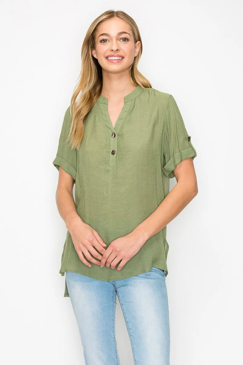 Button Placket  Side Slit Short Sleeve Tunic