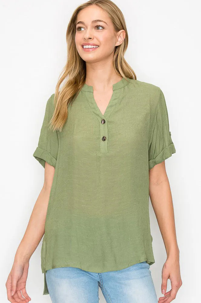 Button Placket  Side Slit Short Sleeve Tunic