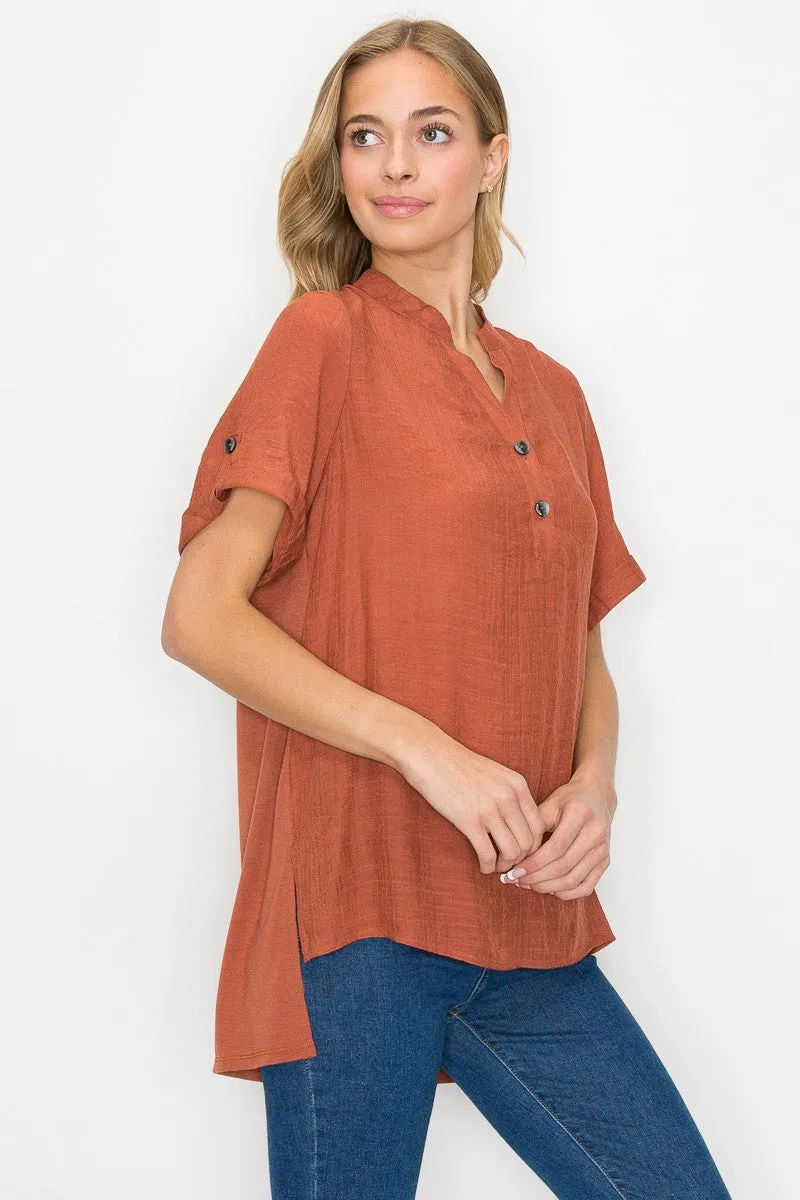 Button Placket  Side Slit Short Sleeve Tunic