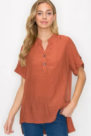 Button Placket  Side Slit Short Sleeve Tunic
