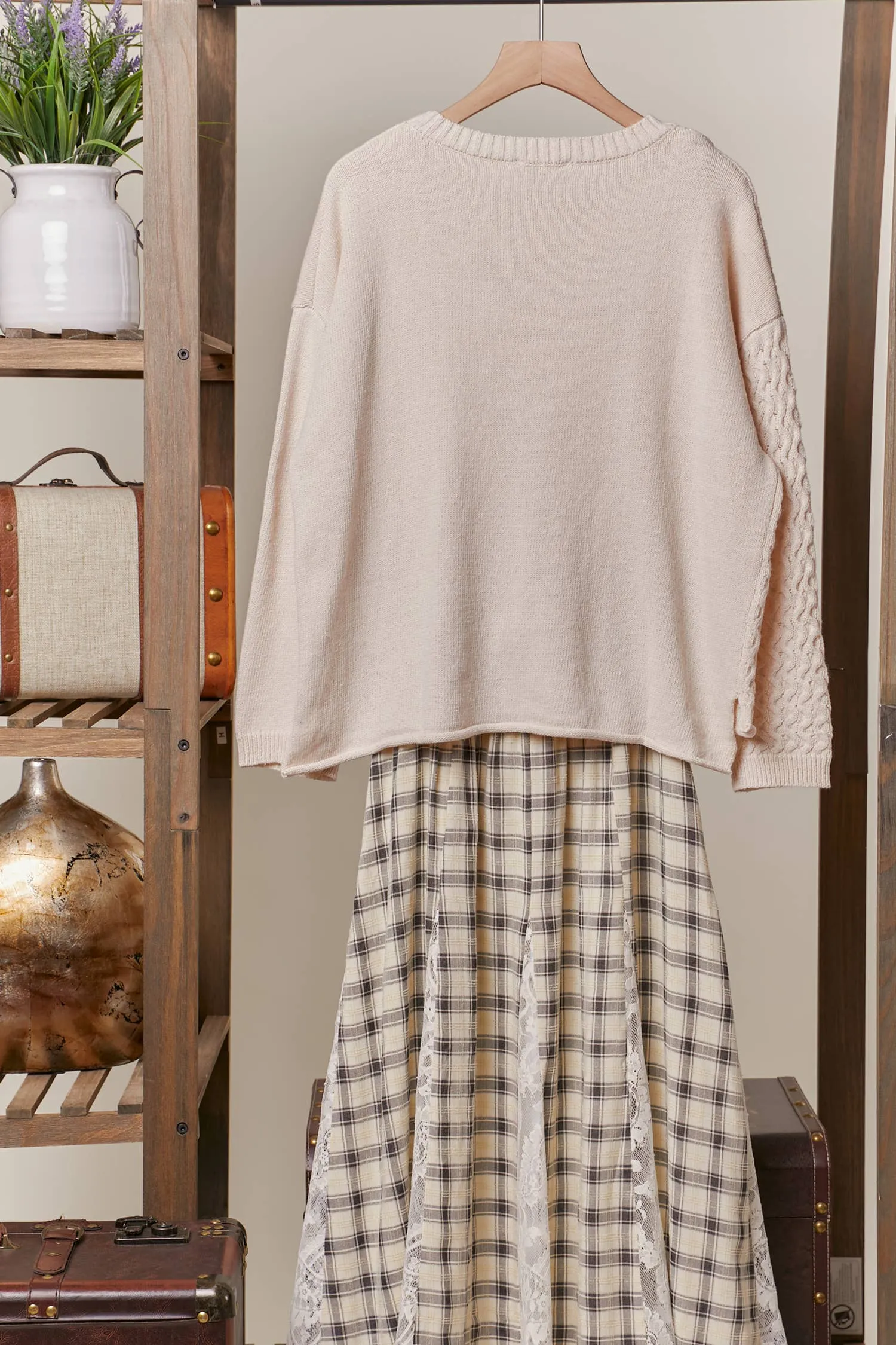 Button Trim Boat Neck Mello Sweater: Ivory