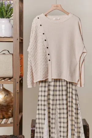 Button Trim Boat Neck Mello Sweater: Ivory