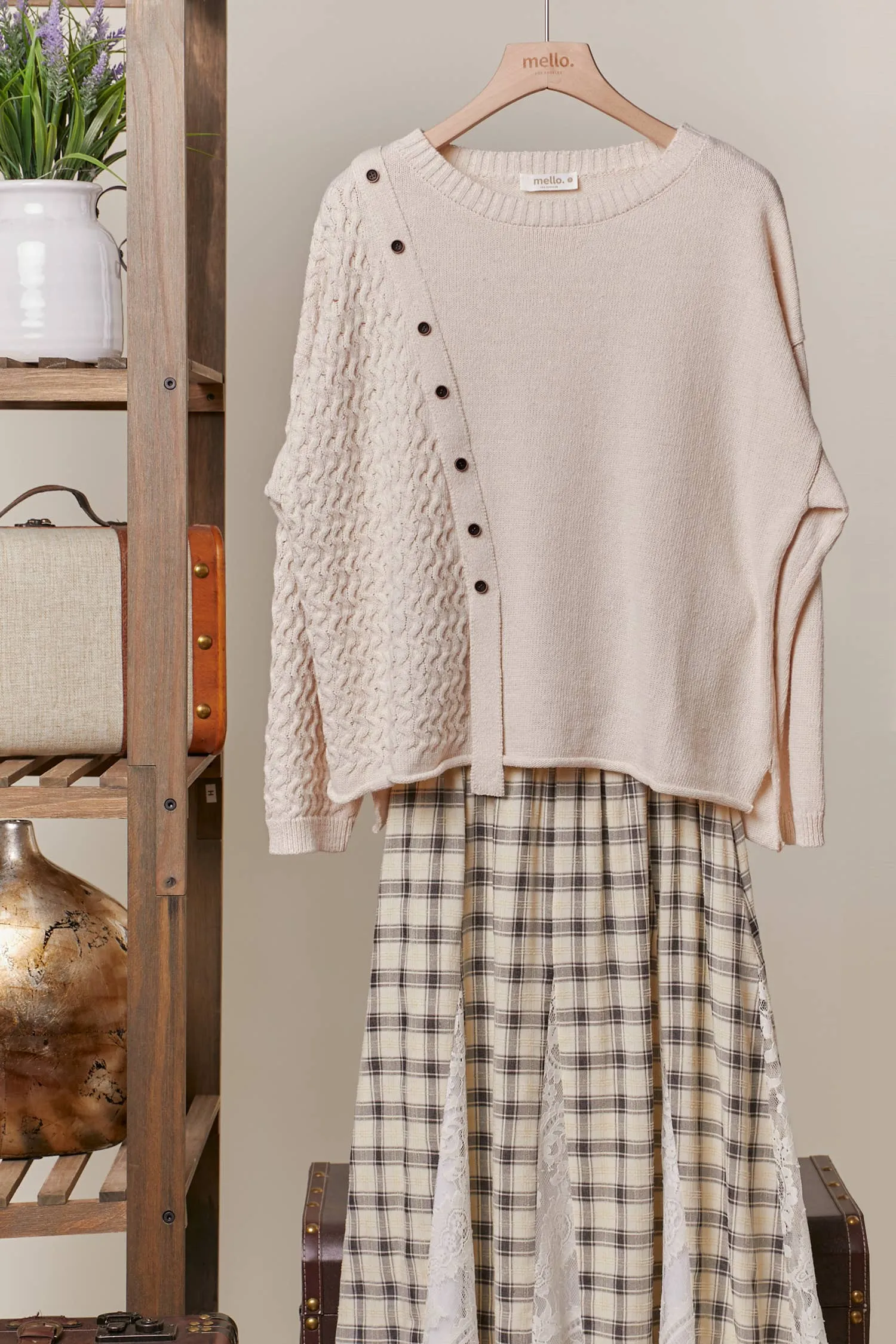 Button Trim Boat Neck Mello Sweater: Ivory