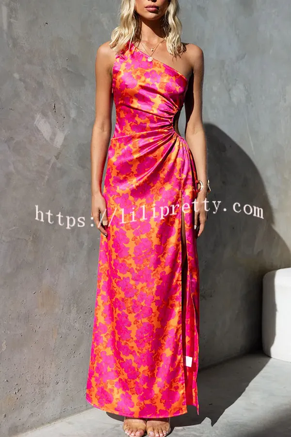 Carey Satin Floral Print One Shoulder Elastic Cut Out Slit Maxi Dress