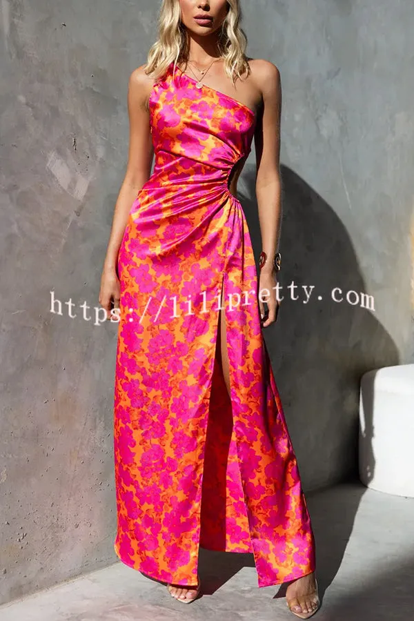 Carey Satin Floral Print One Shoulder Elastic Cut Out Slit Maxi Dress