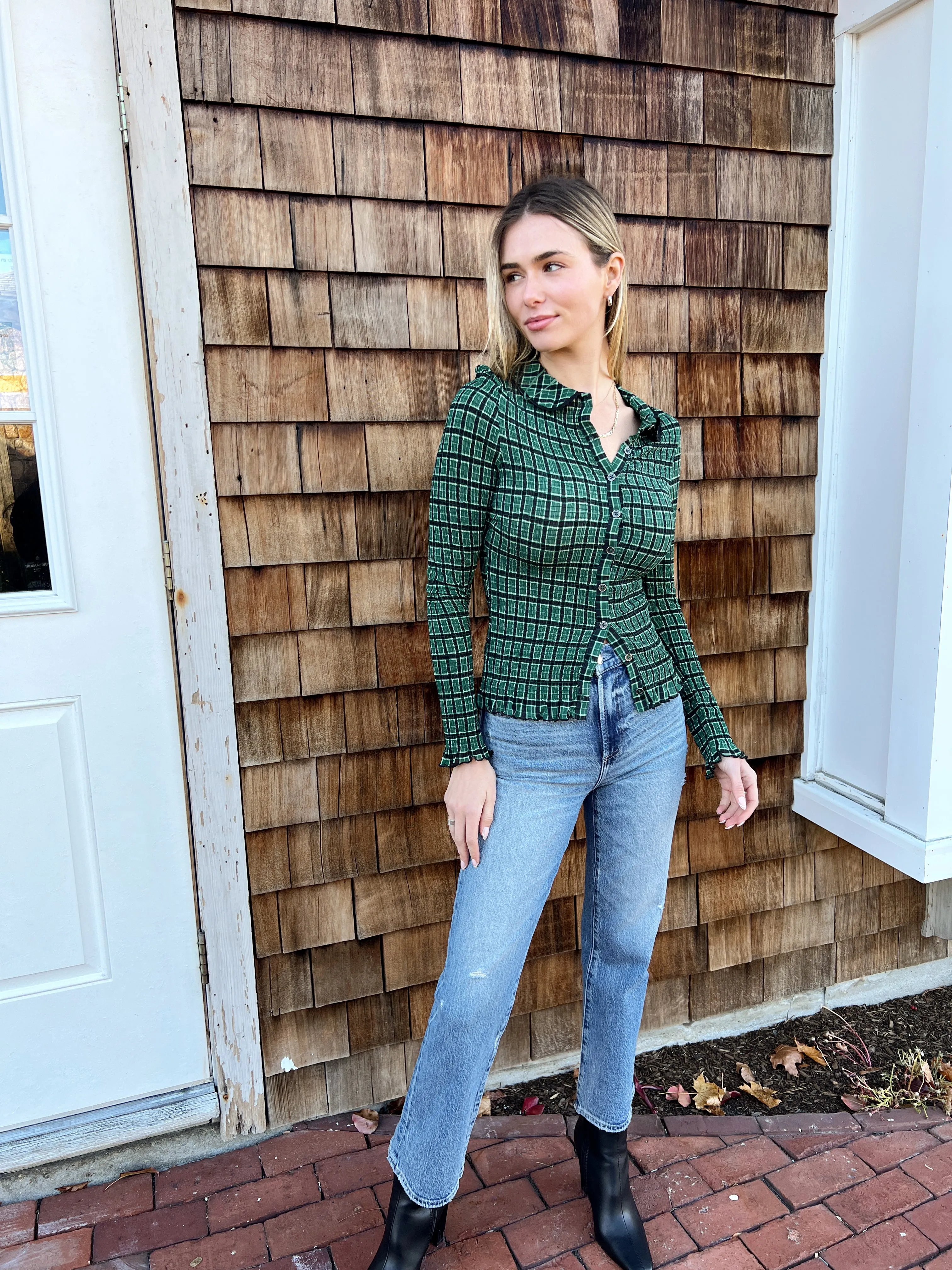 Caught A Feeling Smocked Button-Up Top